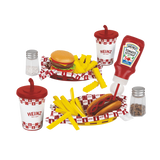 Casdon Heinz American Diner Set with burger, hot dog, chips, cups, ketchup bottle and shakers