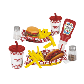 Casdon Heinz American Diner Set with burger, hot dog, chips, cups, ketchup bottle and shakers