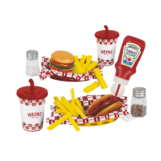 Casdon Heinz American Diner Set with burger, hot dog, chips, cups, ketchup bottle and shakers