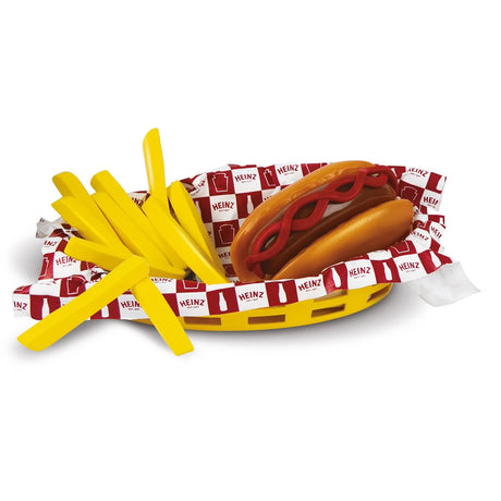 Toy hot dog and fries in a yellow basket with Heinz paper liner