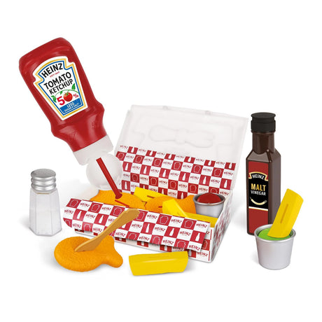 Casdon Heinz Fish & Chips Takeaway Set with ketchup bottle, malt vinegar bottle, open box, fork, salt shaker and food pieces