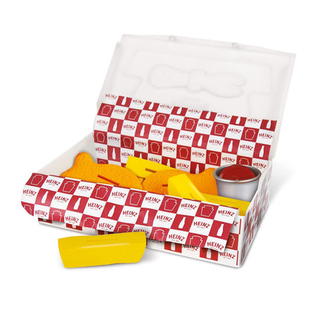 Open Heinz takeaway box with fish, chips, fork, salt shaker and food pots