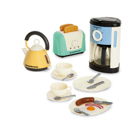 Casdon Morphy Richards Kitchen Set showing toy kettle, toaster, coffee maker, cups, plates, cutlery and play food
