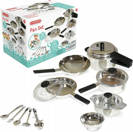 Casdon 15 Piece Pan Set layout with toy utensils, saucepans and packaging – Ireland