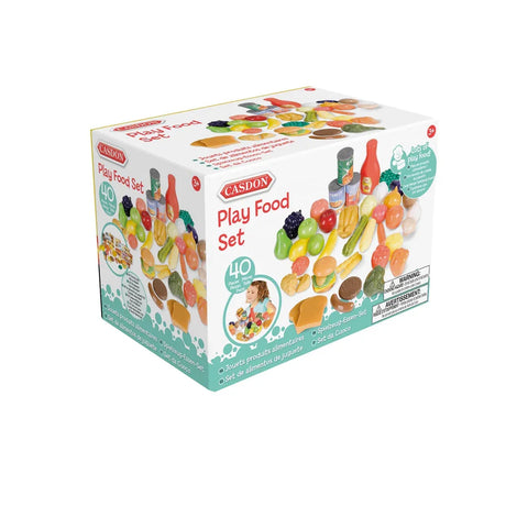 Retail box for Casdon Play Food Set showing 44 colourful toy food items – Ireland