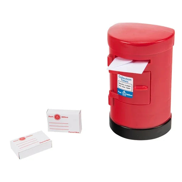 Casdon Post Office red letterbox toy with envelopes, parcels and accessories for pretend post play