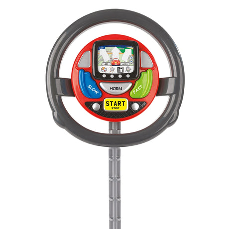 Casdon Sat Nav Steering Wheel front view with screen, horn button, start stop button and coloured controls