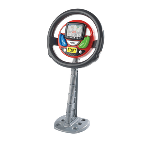 Casdon Sat Nav Steering Wheel toy on a grey stand with screen, controls and circular black wheel 