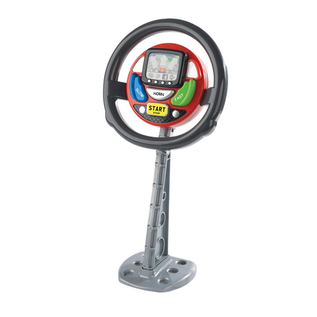 Casdon Sat Nav Steering Wheel toy on a grey stand with screen, controls and circular black wheel 