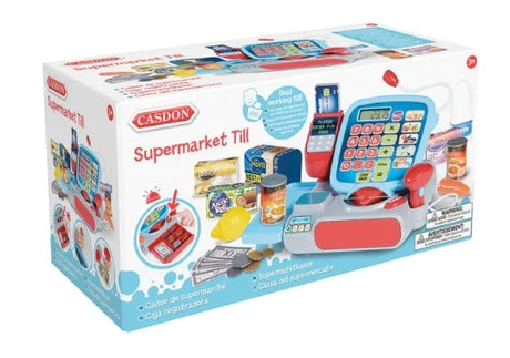 Casdon Supermarket Till layout with play money and branded toy groceries – Ireland