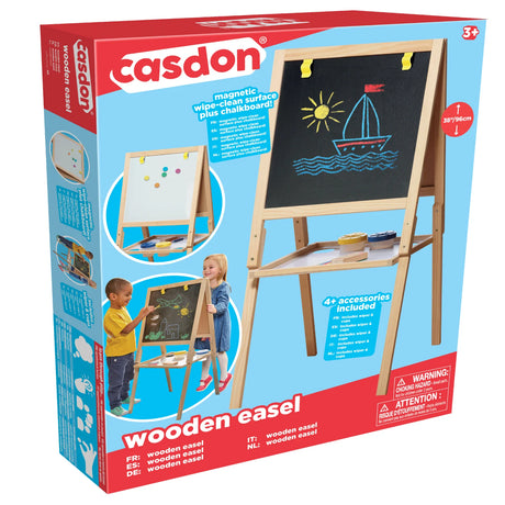 Front packaging of Casdon Wooden Easel showing magnetic chalkboard and included accessories – Ireland