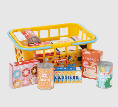 Casdon yellow toy shopping basket with play food in front view – Ireland