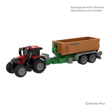 BRIXIES Plus Case Puma 175 connected to a Joskin trailer to demonstrate attachment compatibility, with the attachment marked as not included