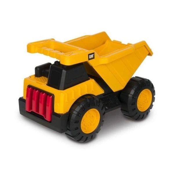 Side view of CAT Tough Tracks Ultra Sand Set dump truck with raised yellow bed