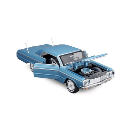 Blue Chevrolet Impala SS 1964 1:24 diecast model with the driver door and bonnet open, showing the engine bay and black interior