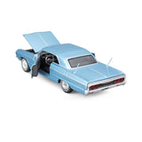 Blue Chevrolet Impala SS 1964 1:24 diecast model in rear angled view with the driver door and boot open, showing the black interior and rear lights