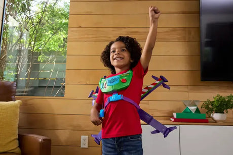 Child wearing the Toy Story 5 Buzz Lightyear Space Ranger Jetpack with the purple wings deployed