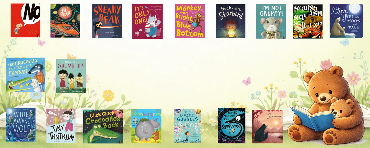 Children's books displayed on a dpastel meadow print background and a bead reading a book to it's bear cub.