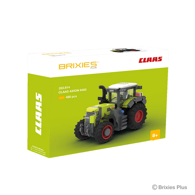BRIXIES Plus CLAAS AXION 9450 building set shown in its green and white CLAAS branded box with the tractor pictured on the front