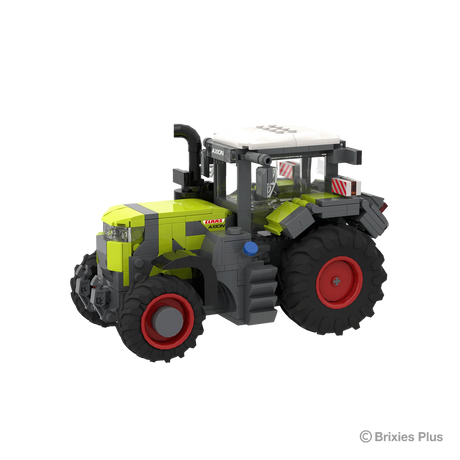Front left three quarter view of the BRIXIES Plus CLAAS AXION 9450 showing the front weight, headlights, green bonnet, cab and large rear wheel
