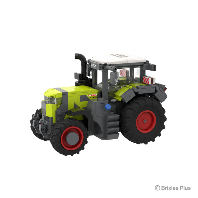 Front left three quarter view of the BRIXIES Plus CLAAS AXION 9450 showing the front weight, headlights, green bonnet, cab and large rear wheel