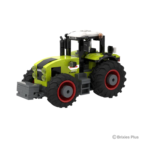 CLAAS AXION 960 BRIXIES tractor viewed from the front left showing the grey front weight, green bonnet, cab and red rimmed wheels
