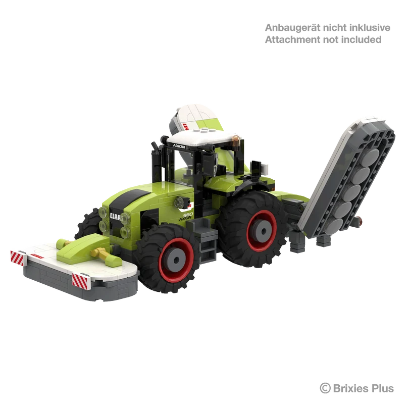 BRIXIES Plus CLAAS AXION 960 tractor shown with front and rear implements attached for display, with the image noting that the attachments are not included