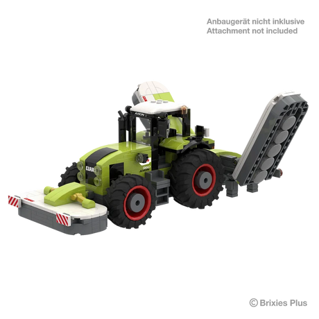 BRIXIES Plus CLAAS AXION 960 tractor shown with front and rear implements attached for display, with the image noting that the attachments are not included