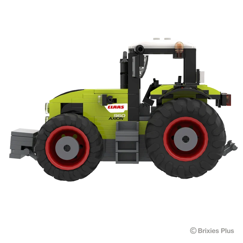 Side profile of the BRIXIES Plus CLAAS AXION 960 with the green bonnet, enclosed cab, red wheel rims and front weight visible