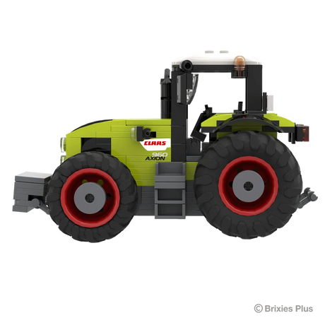 Side profile of the BRIXIES Plus CLAAS AXION 960 with the green bonnet, enclosed cab, red wheel rims and front weight visible