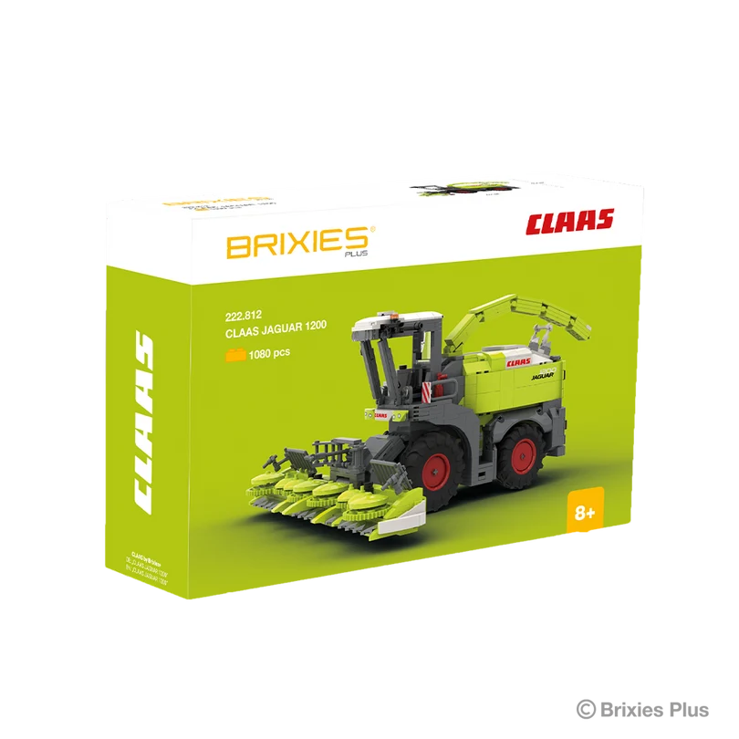BRIXIES Plus CLAAS JAGUAR 1200 building set shown in its green CLAAS branded box with the completed forage harvester pictured on the front