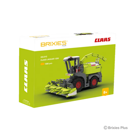 BRIXIES Plus CLAAS JAGUAR 1200 building set shown in its green CLAAS branded box with the completed forage harvester pictured on the front