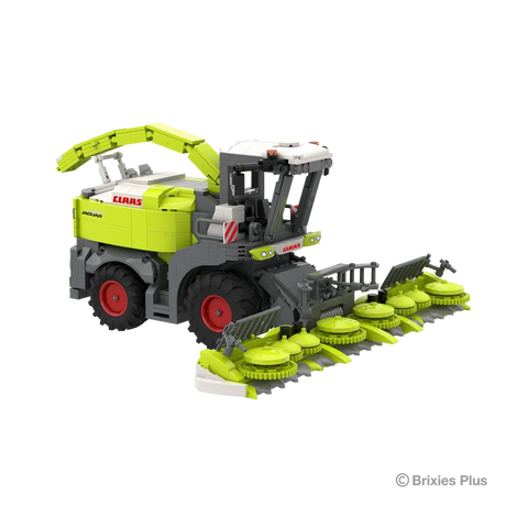 Front angled view of the BRIXIES Plus CLAAS JAGUAR 1200 showing the wide maize header with multiple intake units, cab and large front wheels
