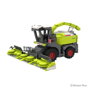 BRIXIES Plus CLAAS JAGUAR 1200 viewed from the front side with the detailed maize header, grey intake frame, cab and CLAAS bodywork clearly visible