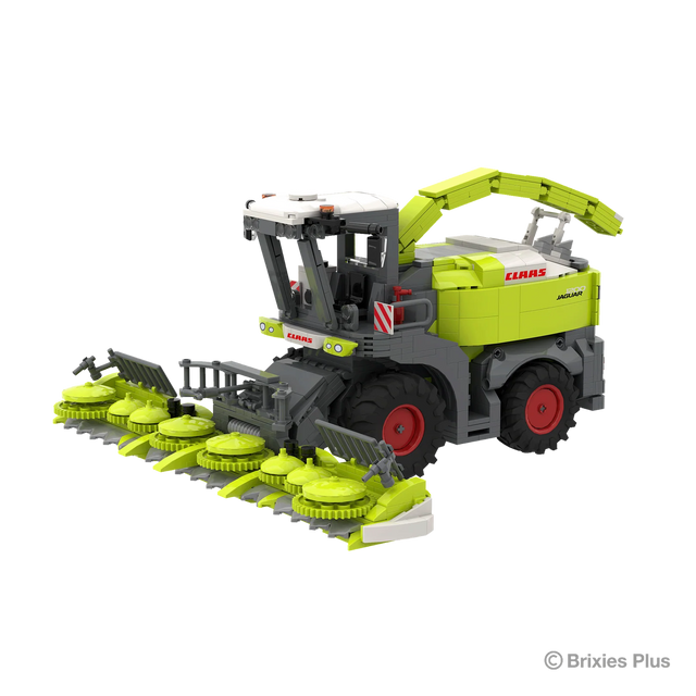BRIXIES Plus CLAAS JAGUAR 1200 viewed from the front side with the detailed maize header, grey intake frame, cab and CLAAS bodywork clearly visible
