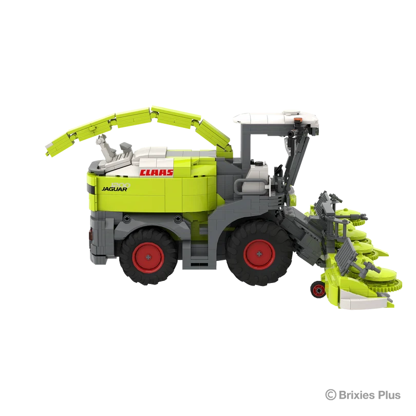 BRIXIES Plus CLAAS JAGUAR 1200 forage harvester in left side profile showing the maize header, discharge spout, cab and red rimmed wheels