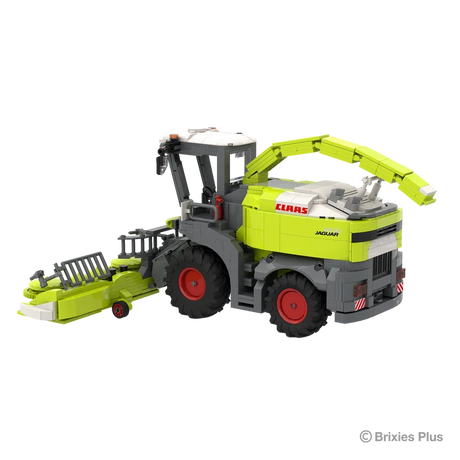 Rear angled view of the BRIXIES Plus CLAAS JAGUAR 1200 showing the rear bodywork, curved discharge spout, cab and maize header extending forward