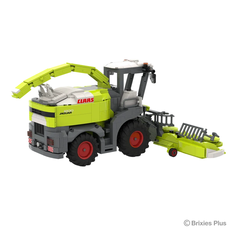 BRIXIES Plus CLAAS JAGUAR 1200 viewed from the rear side showing the rear grille, discharge spout, red rimmed wheels and attached maize header