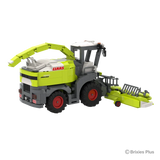 BRIXIES Plus CLAAS JAGUAR 1200 viewed from the rear side showing the rear grille, discharge spout, red rimmed wheels and attached maize header