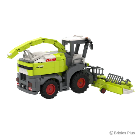 BRIXIES Plus CLAAS JAGUAR 1200 viewed from the rear side showing the rear grille, discharge spout, red rimmed wheels and attached maize header