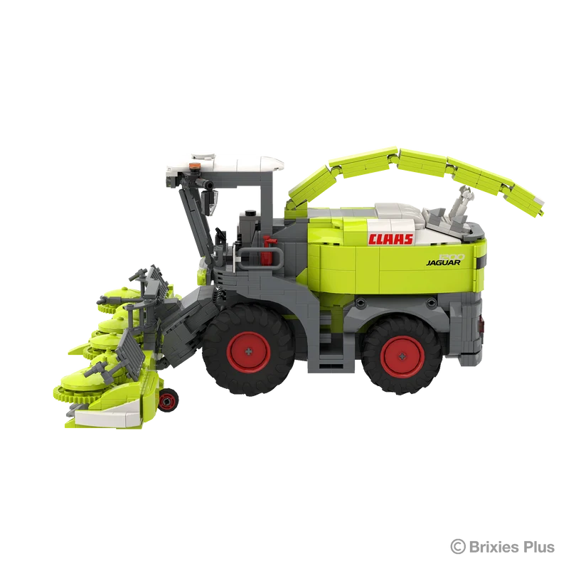 Right side view of the BRIXIES Plus CLAAS JAGUAR 1200 with the wide maize header, raised discharge spout, cab and large agricultural tyres visible