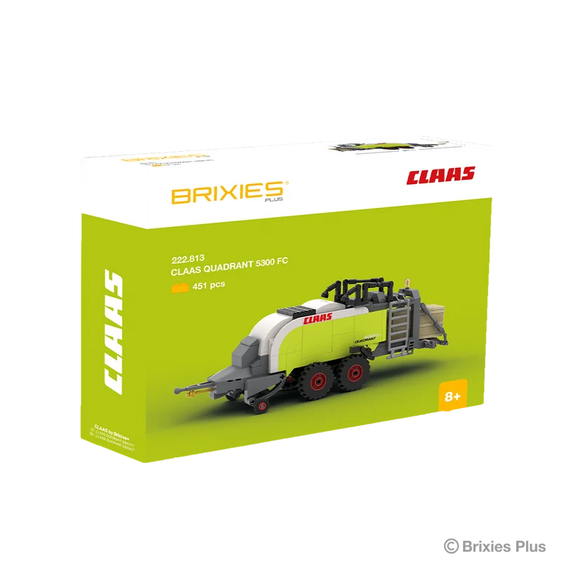 BRIXIES Plus CLAAS QUADRANT 5300 FC building set shown in its green CLAAS branded box with 451 pieces stated on the packaging