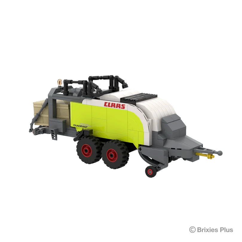 BRIXIES Plus CLAAS QUADRANT 5300 FC square baler viewed from the front left showing the drawbar, pickup section, twin wheels and lime green side panels