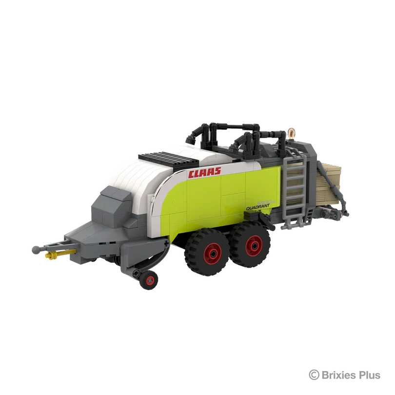 Front right view of the BRIXIES Plus CLAAS QUADRANT 5300 FC showing the drawbar, grey front housing, tandem wheels and ladder detail