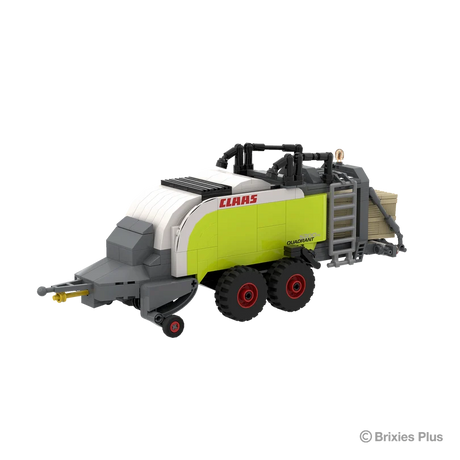 Front right view of the BRIXIES Plus CLAAS QUADRANT 5300 FC showing the drawbar, grey front housing, tandem wheels and ladder detail
