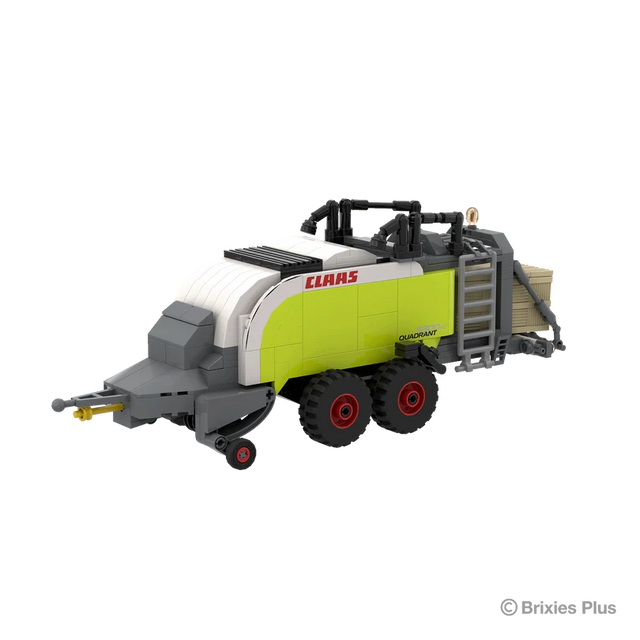 Front right view of the BRIXIES Plus CLAAS QUADRANT 5300 FC showing the drawbar, grey front housing, tandem wheels and ladder detail