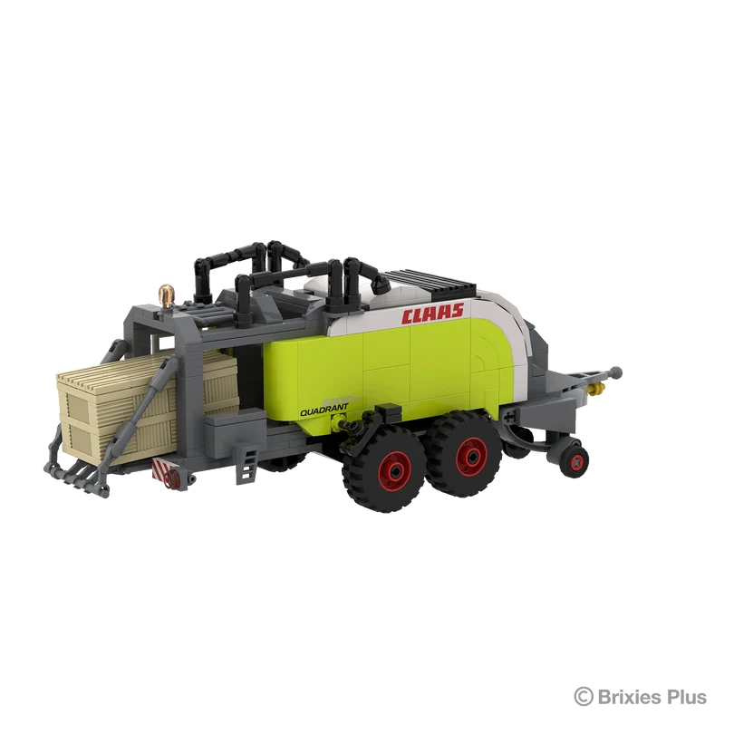 Rear left view of the BRIXIES Plus CLAAS QUADRANT 5300 FC showing the rear bale chamber, black upper frame, side panels and twin wheels