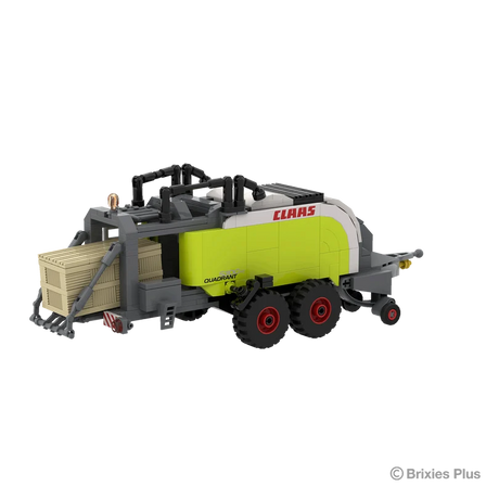 Rear left view of the BRIXIES Plus CLAAS QUADRANT 5300 FC showing the rear bale chamber, black upper frame, side panels and twin wheels