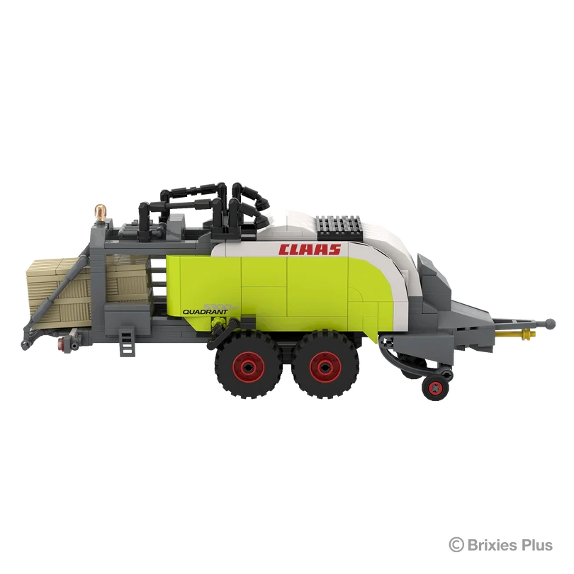 BRIXIES Plus CLAAS QUADRANT 5300 FC in side profile showing the lime green baler body, tandem red rimmed wheels, pickup housing and rear bale chamber