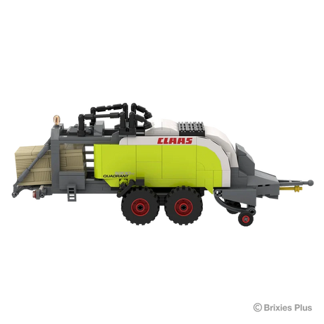 BRIXIES Plus CLAAS QUADRANT 5300 FC in side profile showing the lime green baler body, tandem red rimmed wheels, pickup housing and rear bale chamber